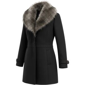 bebe Black Wool Faux Fur Collar Coat Jacket M Y2K Mob Wife Goth vintage